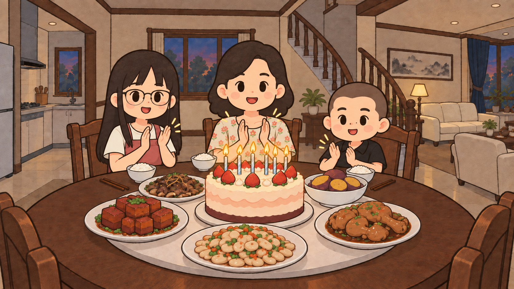 家人在餐桌旁为爸爸庆祝生日