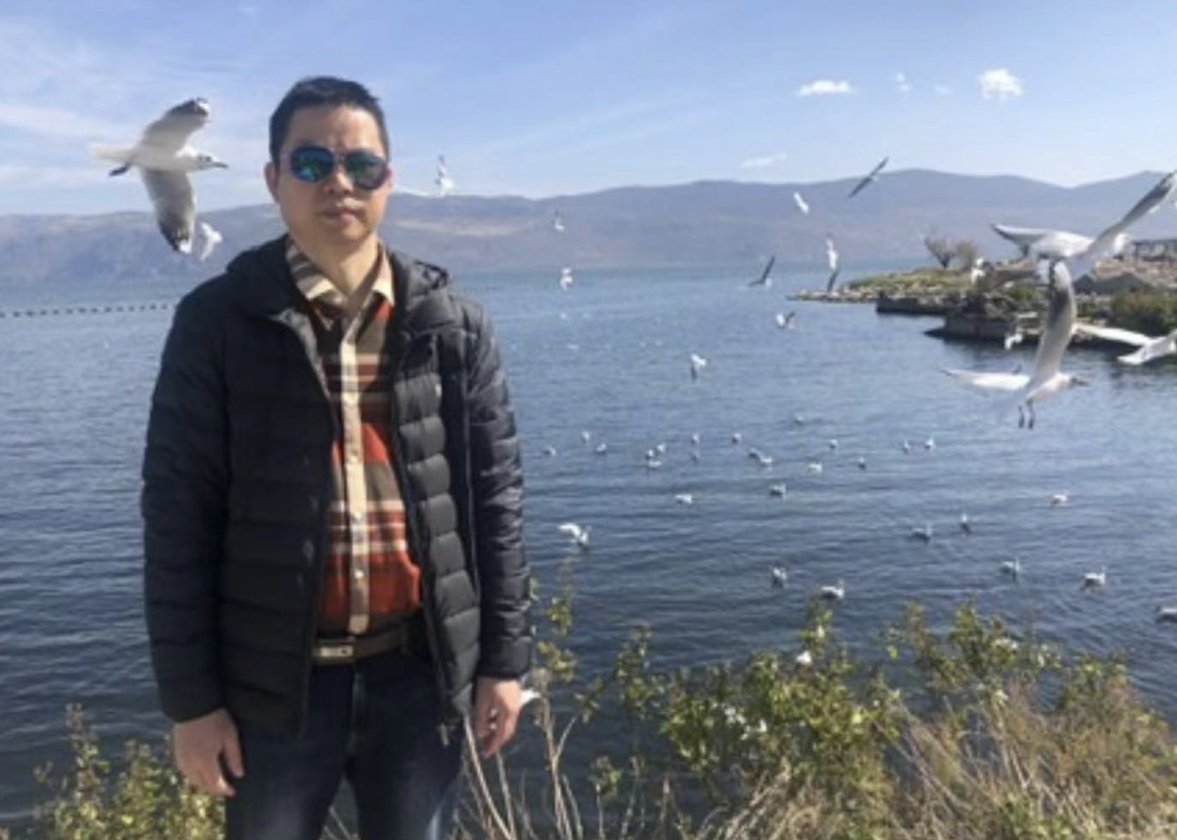 爸爸在水边与海鸥合影